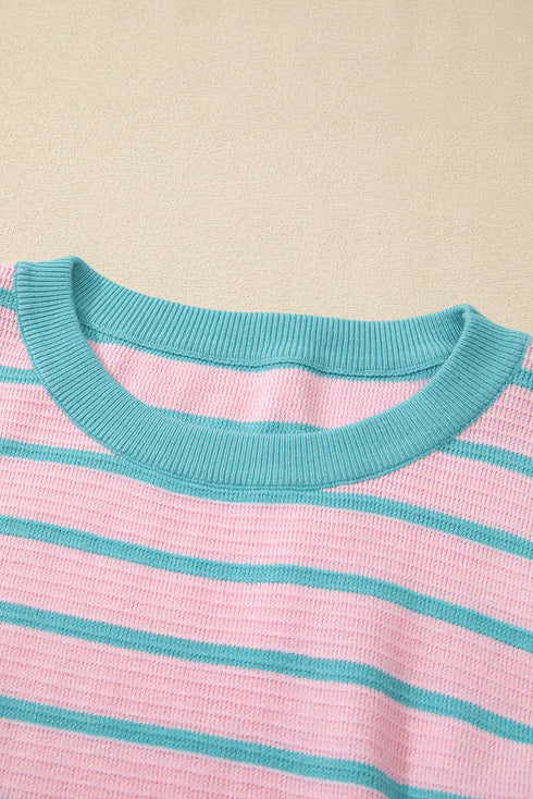 Stripe Trimmed Round Neck Drop Shoulder Loose Sweater